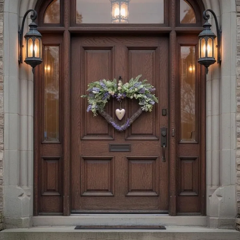 Heart Shaped Lavender Wreath with Gold Lock Key Floral Cottage Purple Decor New